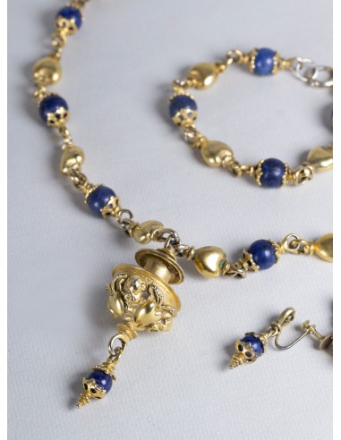 Complete Set of Vintage Costume Gold Necklace, Bracelet and Earrings with Lapis Livraison rapide