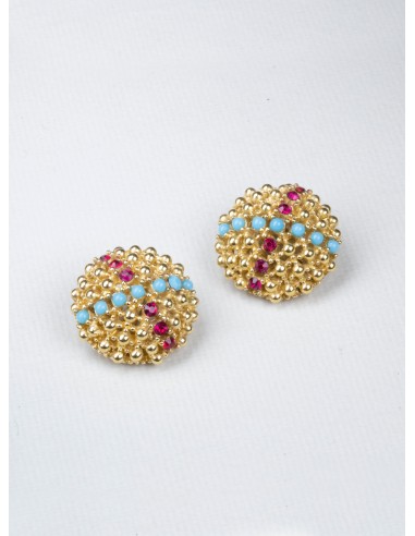 Vintage Gold Clip-on Earrings with Red Rhinestones and Blue Beads destockage