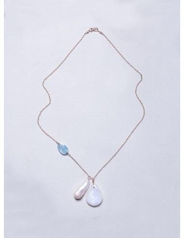 Gold Chain Necklace with Moonstone, Baroque Long Pearl and Aquamarine la livraison gratuite